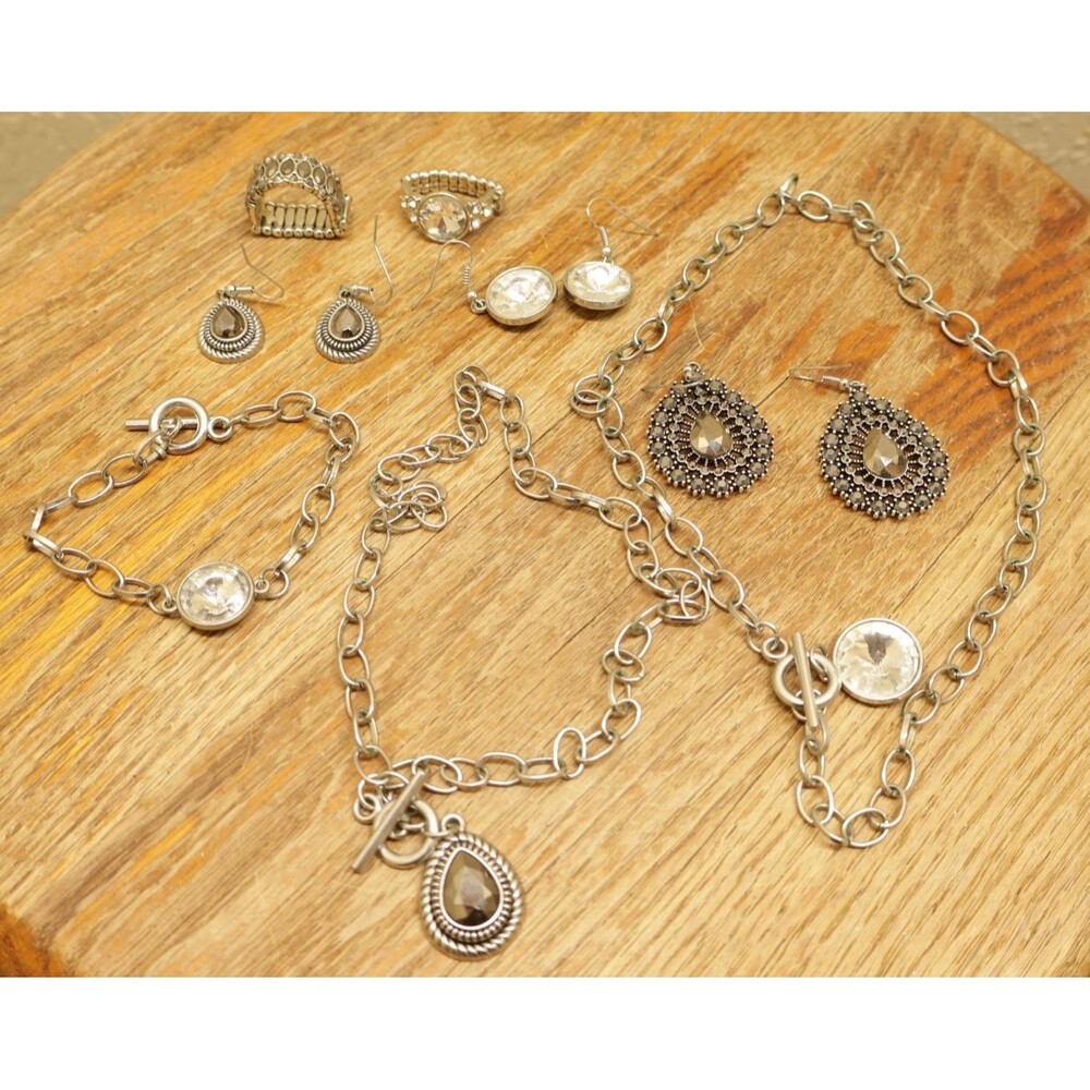 Silver Rhinestone Jewelry Lot 8 Pc Crystal Link Necklace Bracelet Rings Earrings
